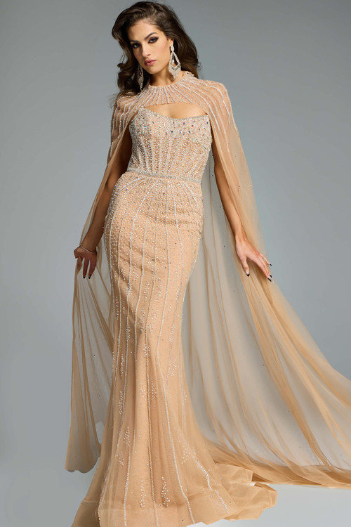 Front view of Jovani 45077 mother of the bride gown, a champagne sheath dress with a high neckline and dramatic floor-length cape. Front view of Jovani 45077 mother of the bride gown, a champagne sheath dress with a high neckline and dramatic floor-length cape.