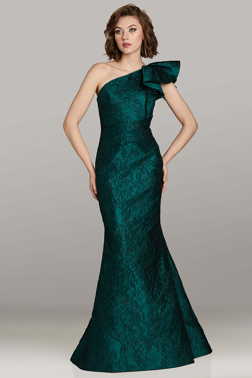 Feriani 12375 emerald floral brocade gown with one-shoulder neckline and dramatic ruffle detail Feriani 12375 emerald floral brocade gown with one-shoulder neckline and dramatic ruffle detail