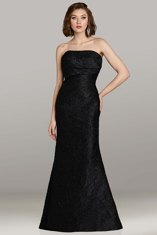 Feriani 12451 black strapless brocade gown with fit-and-flare silhouette and floral textured finish Feriani 12451 black strapless brocade gown with fit-and-flare silhouette and floral textured finish