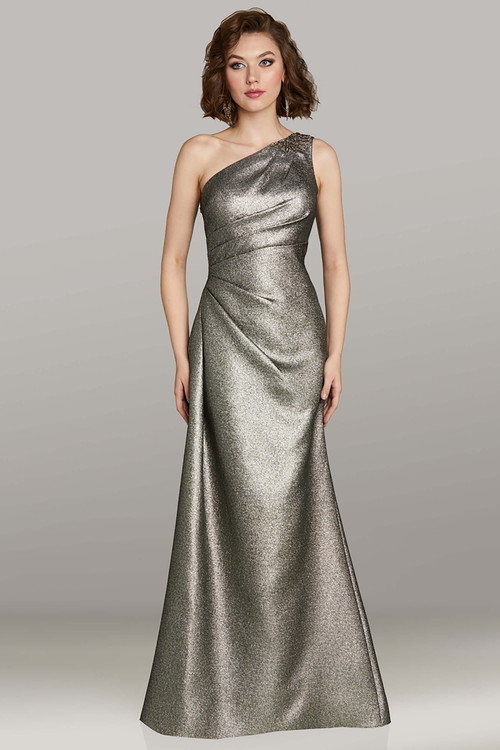 Feriani 12454 gold metallic jacquard gown with sheath silhouette, ruched bodice, and one-shoulder neckline Feriani 12454 gold metallic jacquard gown with sheath silhouette, ruched bodice, and one-shoulder neckline
