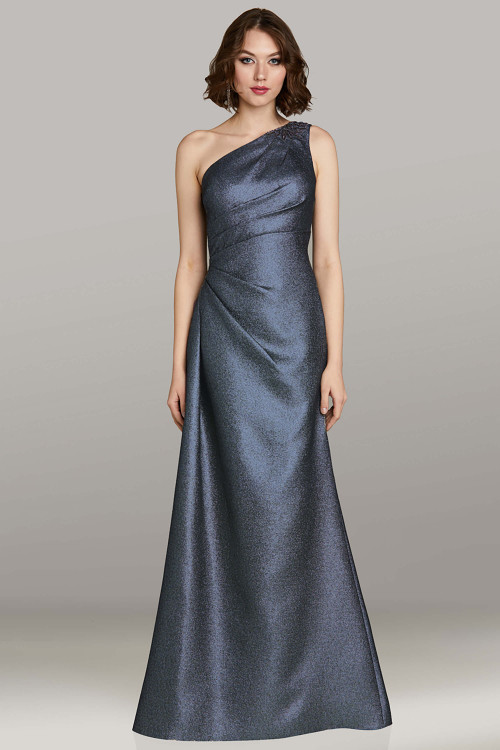 Slate version of style 12454 with shimmer texture and gathered bodice pleating