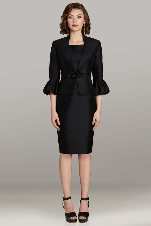 Feriani 12460 black satin mikado short dress with high neckline and matching ruffle sleeve jacket Feriani 12460 black satin mikado short dress with high neckline and matching ruffle sleeve jacket