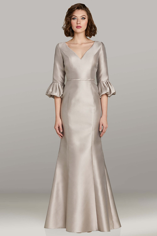 Feriani 12462 fit-and-flare satin gown in silver with V-neckline and gathered 3/4 sleeves Feriani 12462 fit-and-flare satin gown in silver with V-neckline and gathered 3/4 sleeves