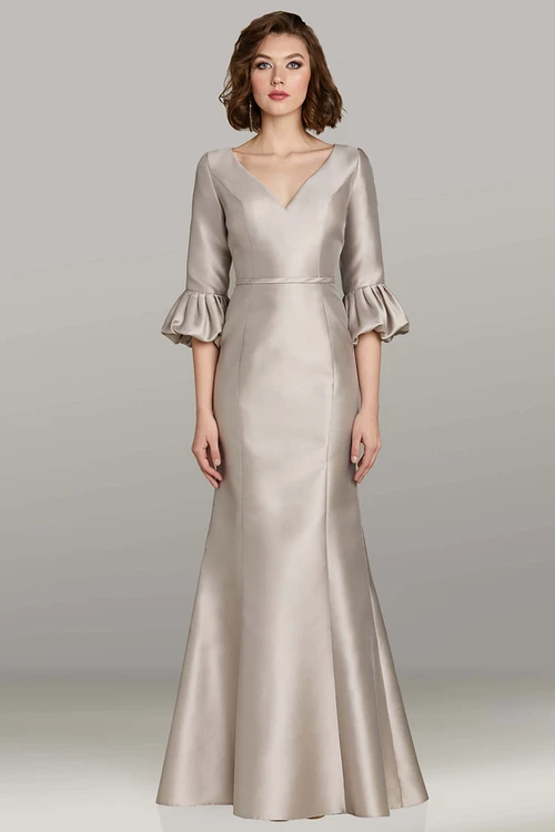 Feriani 12462 fit-and-flare satin gown in silver with V-neckline and gathered 3/4 sleeves