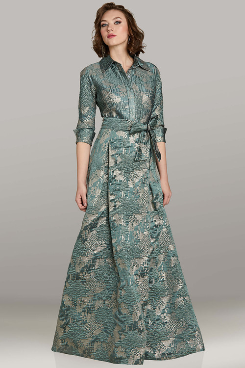 Feriani 18426 sage jacquard A-line gown with shirt collar neckline, 3/4 sleeves, and waist tie Feriani 18426 sage jacquard A-line gown with shirt collar neckline, 3/4 sleeves, and waist tie