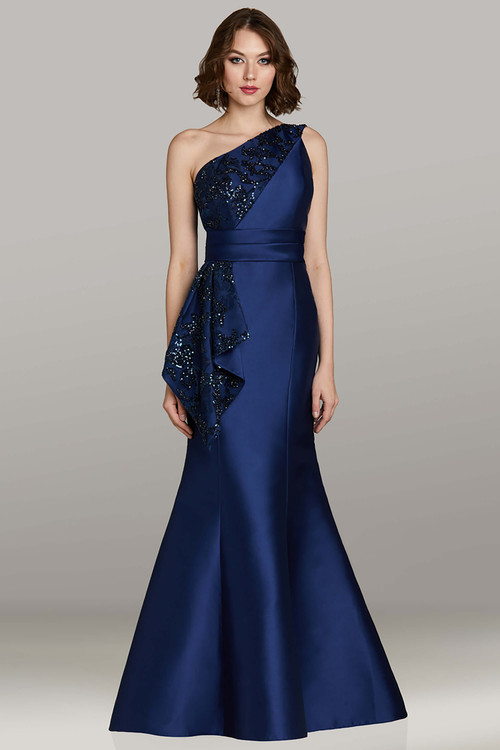 Feriani 18478 fit-and-flare navy mikado gown with one-shoulder neckline and asymmetrical sequin embellishment Feriani 18478 fit-and-flare navy mikado gown with one-shoulder neckline and asymmetrical sequin embellishment