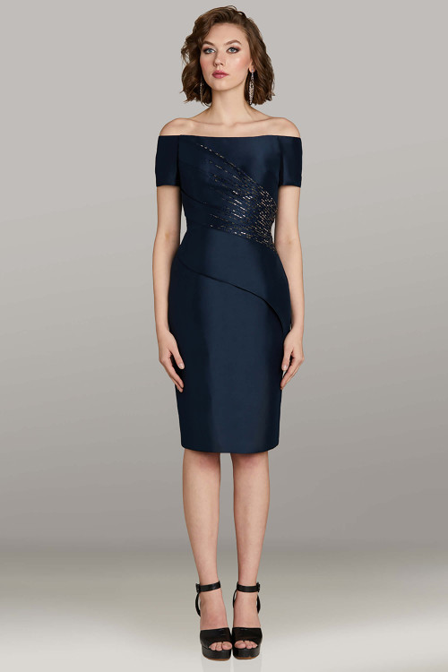 Feriani 18480 off‑the‑shoulder navy mikado cocktail dress with sequin detail and asymmetrical peplum Feriani 18480 off‑the‑shoulder navy mikado cocktail dress with sequin detail and asymmetrical peplum