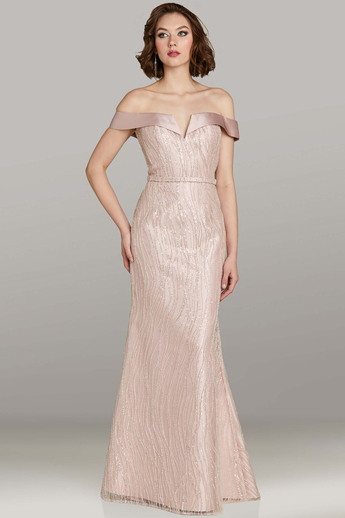 Feriani 18491 blush beaded mesh fit‑and‑flare gown with satin off‑shoulder neckline and waist detail Feriani 18491 blush beaded mesh fit‑and‑flare gown with satin off‑shoulder neckline and waist detail