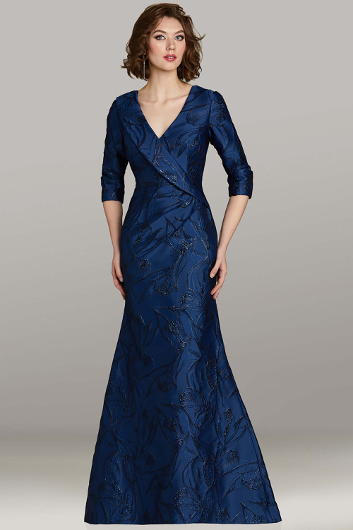 Feriani 18495 fit‑and‑flare navy brocade gown with notched V‑neckline and 3/4 sleeves Feriani 18495 fit‑and‑flare navy brocade gown with notched V‑neckline and 3/4 sleeves