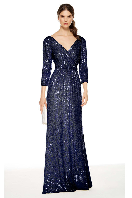 Front view of Alyce Paris MOB gown 27358 in Navy showing a V‑neck and elegant A‑line silhouette Front view of Alyce Paris MOB gown 27358 in Navy showing a V‑neck and elegant A‑line silhouette