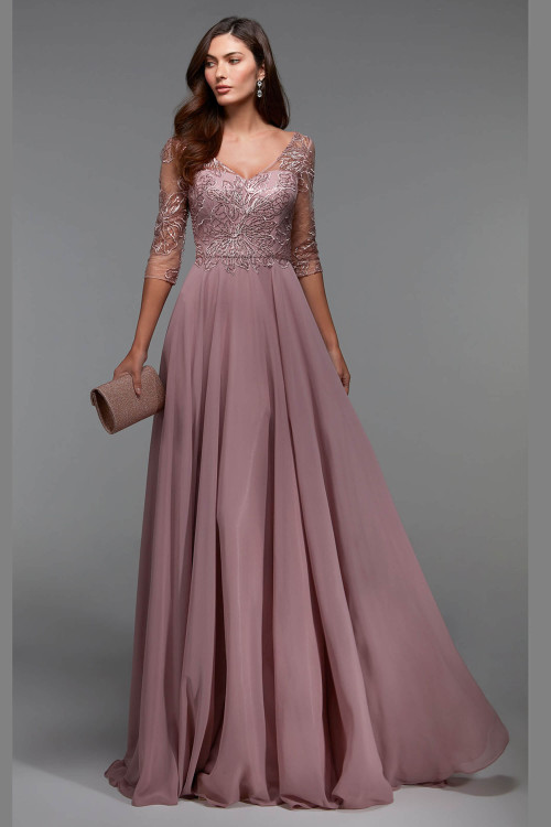 Front view of Alyce Paris MOB gown 27475 in rosewood chiffon‑lace with illusion V‑neck and flowing A‑line skirt Front view of Alyce Paris MOB gown 27475 in rosewood chiffon‑lace with illusion V‑neck and flowing A‑line skirt