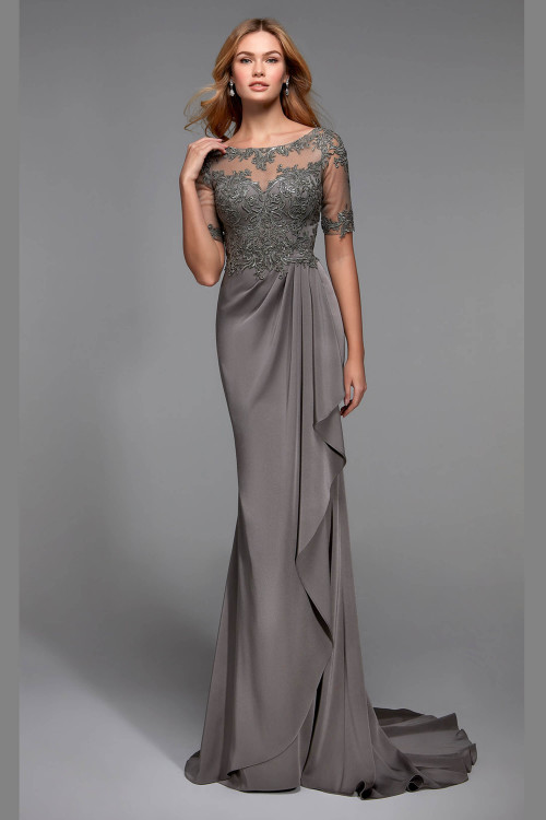 Front view of Alyce Paris MOB gown 27477 in stretch crepe with illusion neckline and sleek straight silhouette Front view of Alyce Paris MOB gown 27477 in stretch crepe with illusion neckline and sleek straight silhouette