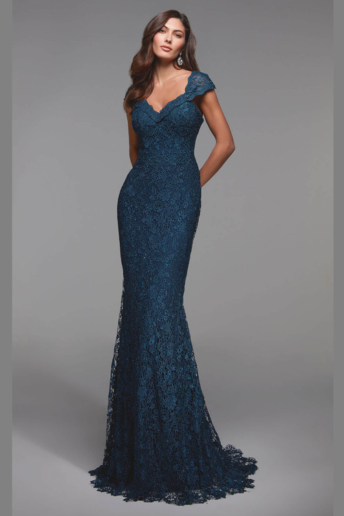 Front view of Alyce Paris MOB gown 27496 in Blue Opal showing sweetheart neckline and embellished lace overlay Front view of Alyce Paris MOB gown 27496 in Blue Opal showing sweetheart neckline and embellished lace overlay