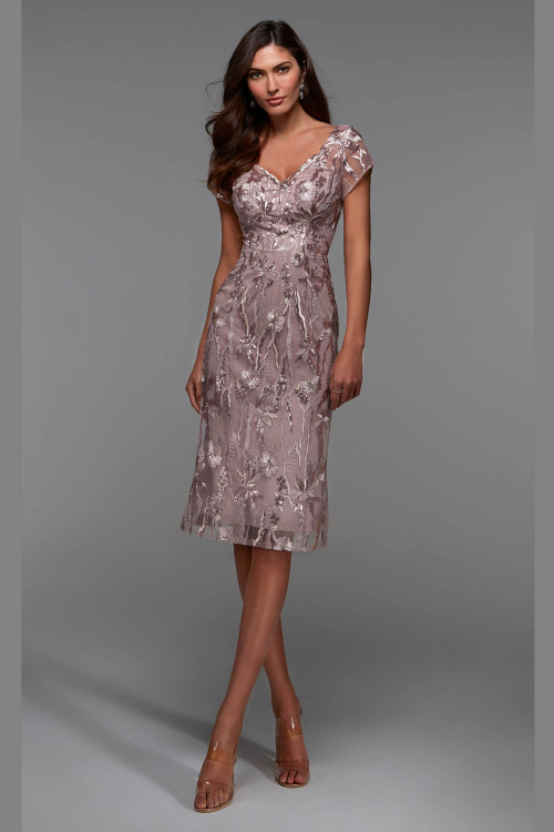 Front view of short Alyce Paris MOB gown 27534 in rosewood sequin lace with V-neck sheath design Front view of short Alyce Paris MOB gown 27534 in rosewood sequin lace with V-neck sheath design