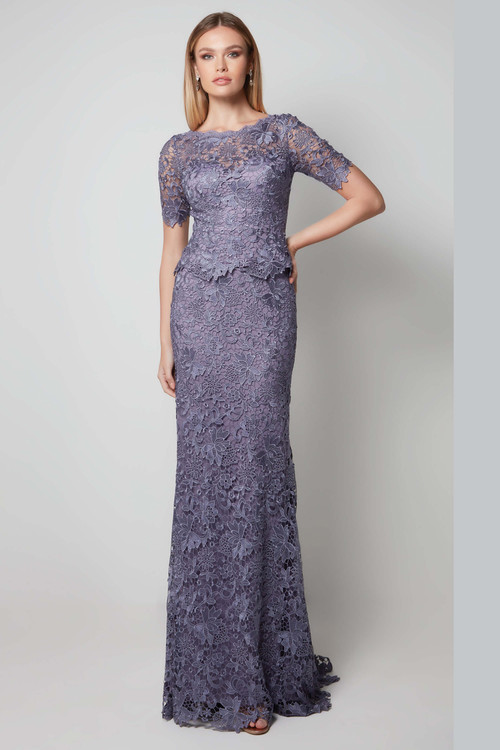 Front view of Alyce Paris MOB gown 27555 showing lace overlay and illusion neckline on straight silhouette Front view of Alyce Paris MOB gown 27555 showing lace overlay and illusion neckline on straight silhouette