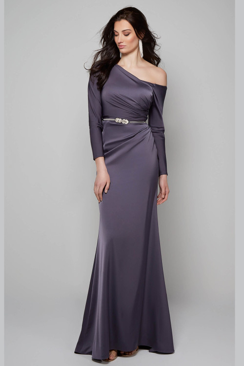 Front view of Alyce Paris MOB gown 27557 showing asymmetrical off‑shoulder neckline and straight silhouette in midnight Front view of Alyce Paris MOB gown 27557 showing asymmetrical off‑shoulder neckline and straight silhouette in midnight