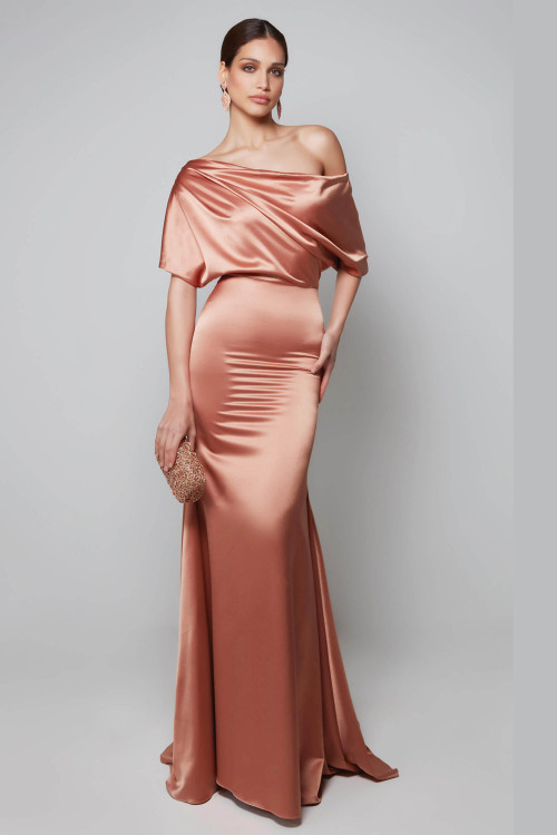Front view of fit‑and‑flare Alyce Paris MOB gown 27560 showing pleated off‑shoulder neckline and sweep train Front view of fit‑and‑flare Alyce Paris MOB gown 27560 showing pleated off‑shoulder neckline and sweep train