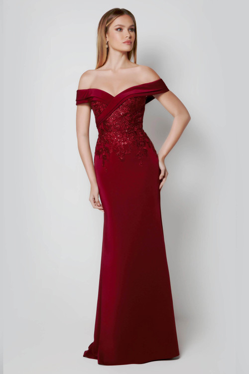 Front view of Alyce Paris MOB gown 27571 showing off‑the‑shoulder neckline and beaded bodice in elegant burgundy Front view of Alyce Paris MOB gown 27571 showing off‑the‑shoulder neckline and beaded bodice in elegant burgundy
