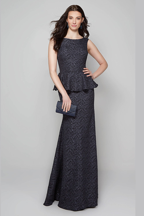 Front view of Alyce Paris fitted MOB gown 27579 in jacquard with sleek scoop neckline and peplum waist Front view of Alyce Paris fitted MOB gown 27579 in jacquard with sleek scoop neckline and peplum waist