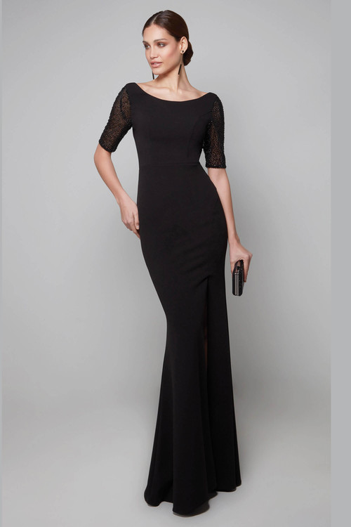 Front view of Alyce Paris MOB gown 27628 in black with beaded sleeves and bateau neckline Front view of Alyce Paris MOB gown 27628 in black with beaded sleeves and bateau neckline