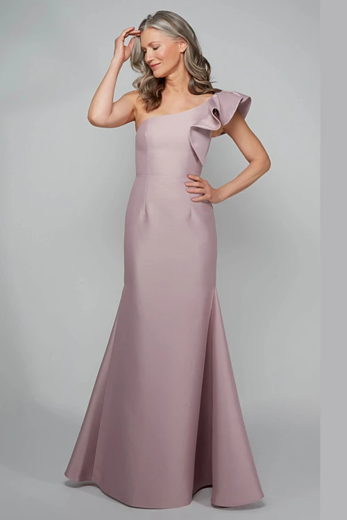 Alternate angle showcasing ruffle shoulder and flared hem