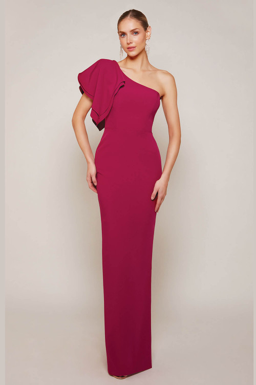 Front view of Alyce Paris MOB gown 27644 with one-shoulder neckline and ruffle detail Front view of Alyce Paris MOB gown 27644 with one-shoulder neckline and ruffle detail