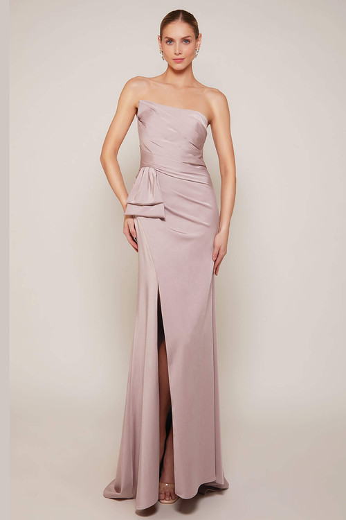 Front view of Alyce Paris sheath MOB gown 27658 in French Lilac with strapless neckline and bow Front view of Alyce Paris sheath MOB gown 27658 in French Lilac with strapless neckline and bow