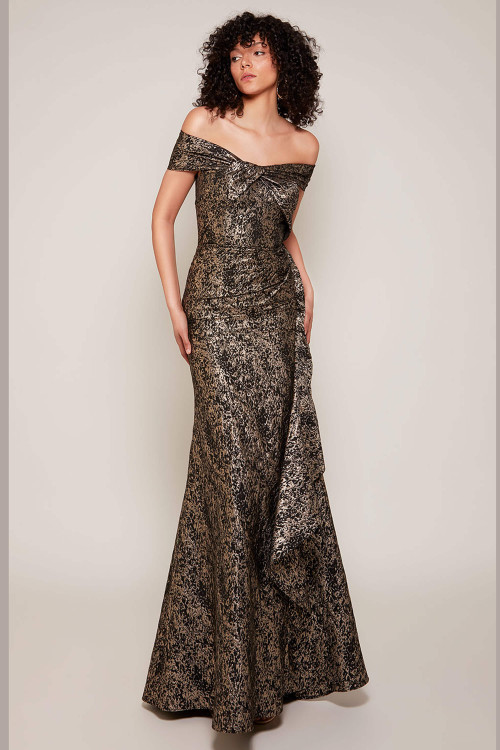 Front view of Alyce Paris fit-and-flare MOB gown 27667 in gold-black jacquard with off-shoulder neckline Front view of Alyce Paris fit-and-flare MOB gown 27667 in gold-black jacquard with off-shoulder neckline