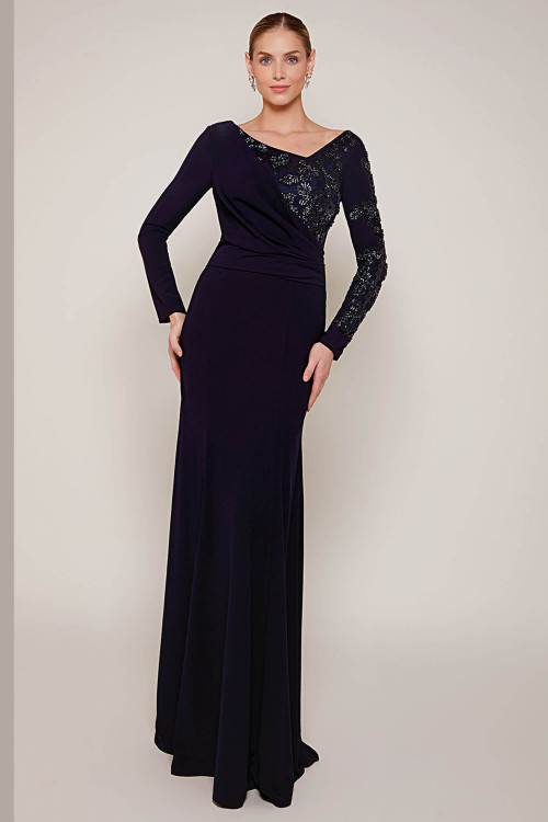 Front view of Alyce Paris sheath MOB gown 27675 with sequin detail and asymmetrical neckline Front view of Alyce Paris sheath MOB gown 27675 with sequin detail and asymmetrical neckline
