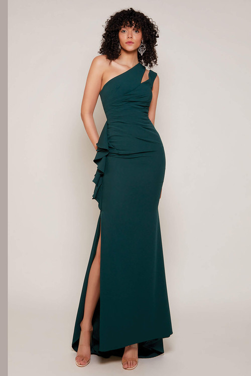 Front view of Alyce Paris fitted MOB gown 27689 with one-shoulder neckline and slit Front view of Alyce Paris fitted MOB gown 27689 with one-shoulder neckline and slit