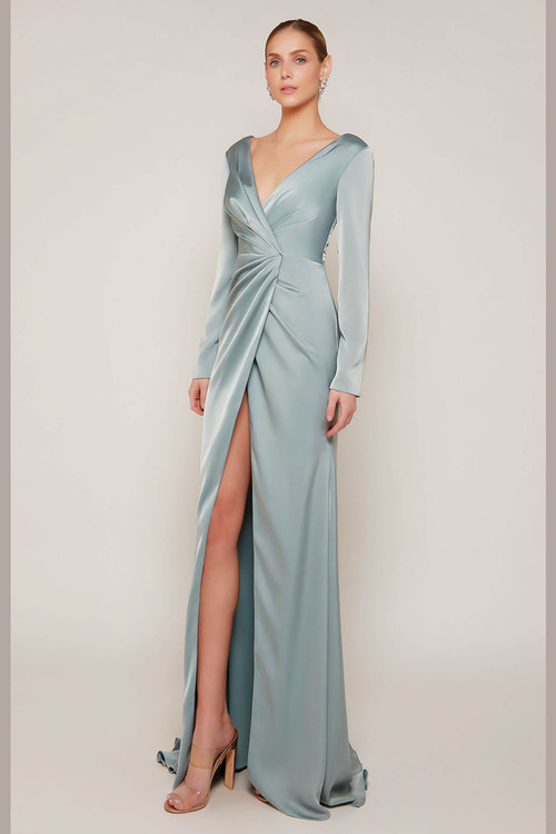 Front view of Alyce Paris MOB gown 27694 featuring long sleeves and deep V-neckline