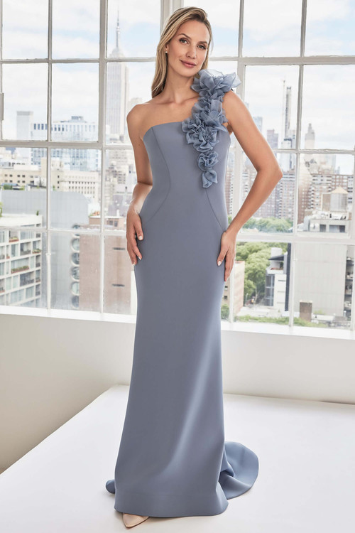 Front view of Morilee 73108 slate scuba jersey mother of the bride dress with one-shoulder floral detail