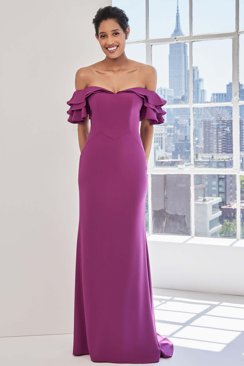Front view of Morilee 73123 mulberry stretch crepe mother of the bride dress with off-the-shoulder neckline