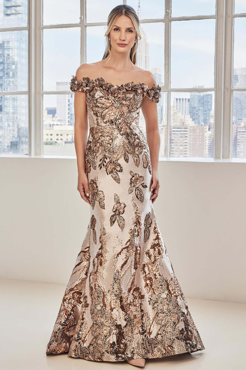 Front view of Morilee 73130 rose gold metallic jacquard mother of the bride dress with off-the-shoulder neckline
