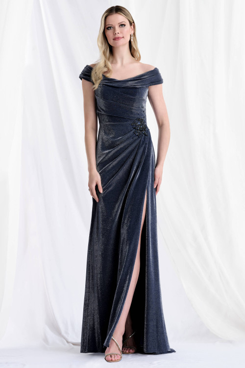 Front view of Morilee 73152 stone shimmer jersey mother of the bride dress with off-the-shoulder neckline