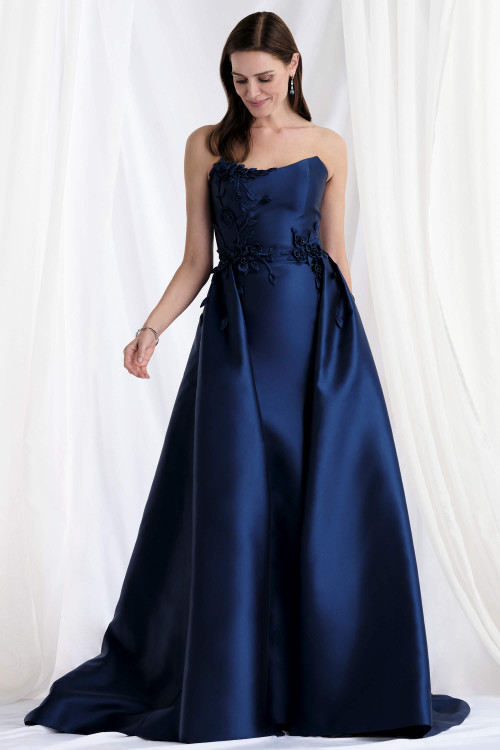 Front view of Morilee 73155 Mia Navy Mikado mother of the bride dress with detachable overskirt