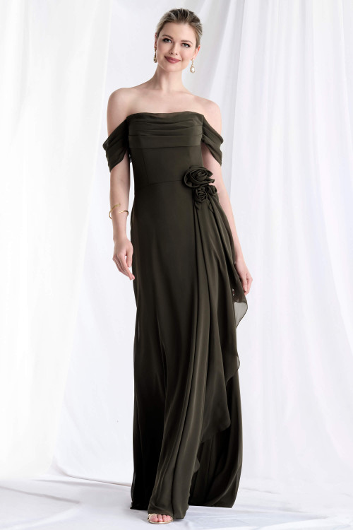 Front view of Morilee 73165 thyme chiffon mother of the bride dress with off-the-shoulder neckline