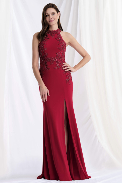 Front view of Morilee 73168 red jersey mother of the bride dress with halter neckline
