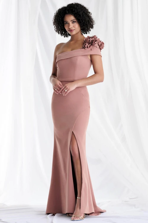 Front view of Morilee 73180 rose crepe mother of the bride dress with one-shoulder neckline