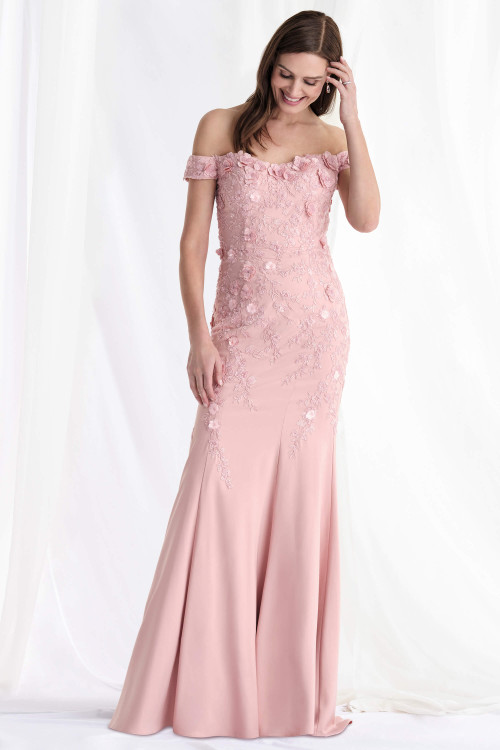 Front view of Morilee 73184 dusty rose crepe mother of the bride dress with floral lace