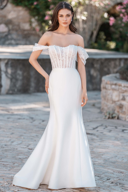 Allure Bridals A1300 full length—modern sheath silhouette with clean lines and romantic lace bodice. Allure Bridals A1300 full length—modern sheath silhouette with clean lines and romantic lace bodice.