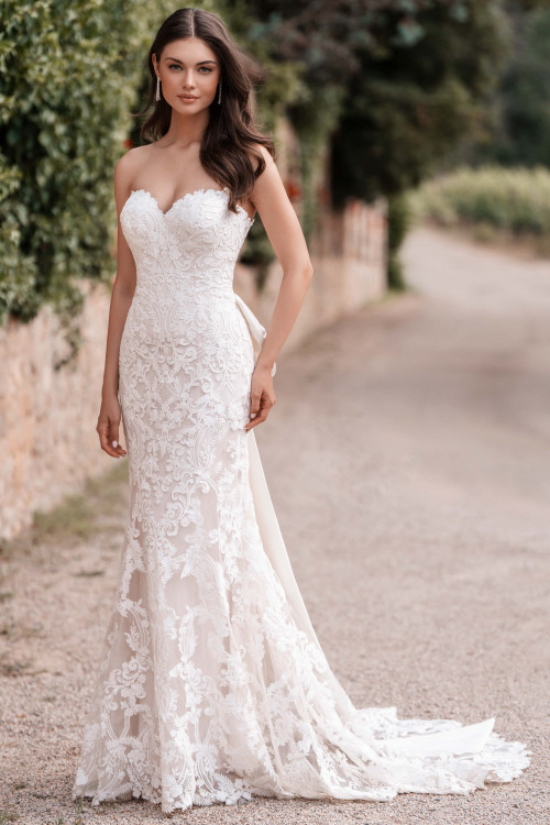 Allure Bridals A1304 front—strapless lace sheath gown with sweetheart neckline and fitted silhouette.