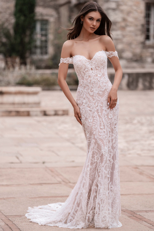 Allure Bridals A1306 gown front—off-shoulder lace sheath with sweetheart neckline and floral appliqués. Allure Bridals A1306 gown front—off-shoulder lace sheath with sweetheart neckline and floral appliqués.