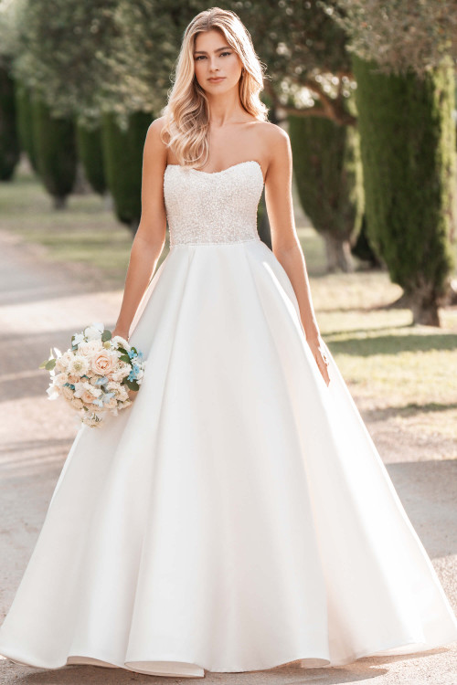 Allure Bridals A1307 front—strapless ballgown with beaded bodice and full Mikado skirt. Allure Bridals A1307 front—strapless ballgown with beaded bodice and full Mikado skirt.