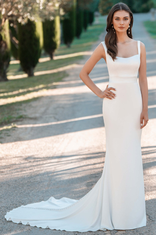 Allure Bridals A1308 front—square neckline sheath gown with wide straps and sleek stretch satin fabric. Allure Bridals A1308 front—square neckline sheath gown with wide straps and sleek stretch satin fabric.