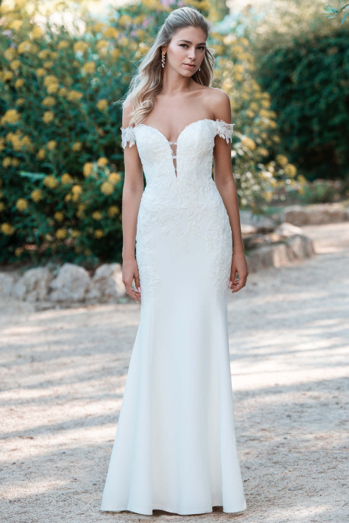 Allure Bridals A1315 front—off-shoulder lace bodice with sweetheart neckline and crepe sheath skirt. Allure Bridals A1315 front—off-shoulder lace bodice with sweetheart neckline and crepe sheath skirt.