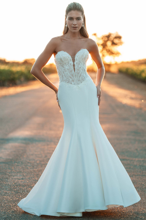 Allure Bridals A1319 front—strapless fit-and-flare gown with ornate beaded lace bodice and sleek Mikado skirt. Allure Bridals A1319 front—strapless fit-and-flare gown with ornate beaded lace bodice and sleek Mikado skirt.