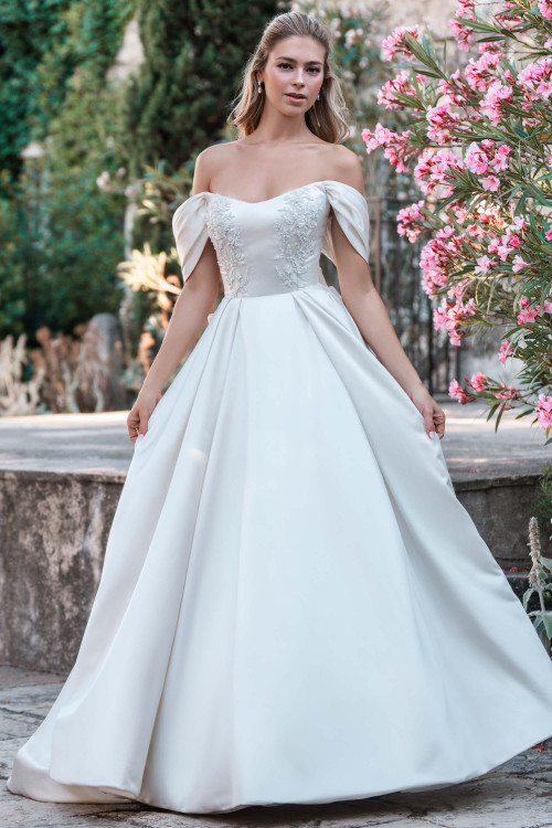 Allure Bridals A1321 gown front—off-shoulder satin ballgown with beaded lace bodice and full skirt. Allure Bridals A1321 gown front—off-shoulder satin ballgown with beaded lace bodice and full skirt.