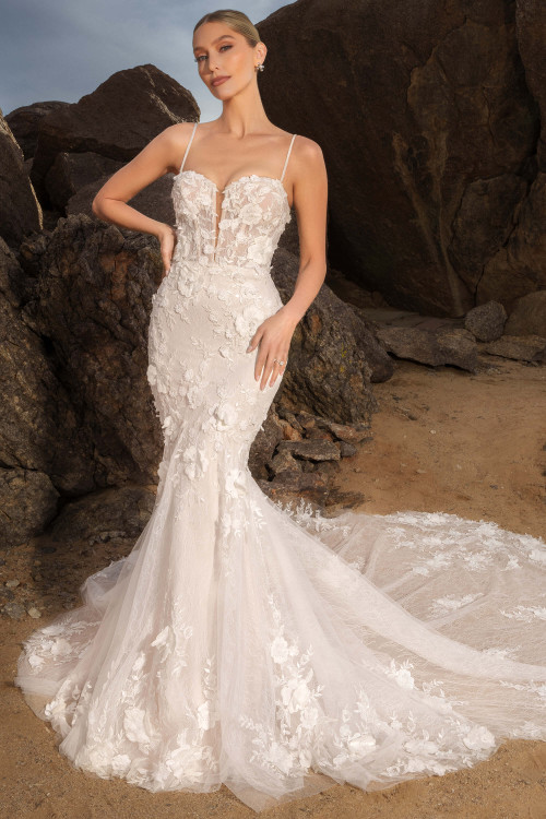 Front view of Kitty Chen Fergie fit-and-flare gown with sweetheart neckline and lace detailing Front view of Kitty Chen Fergie fit-and-flare gown with sweetheart neckline and lace detailing