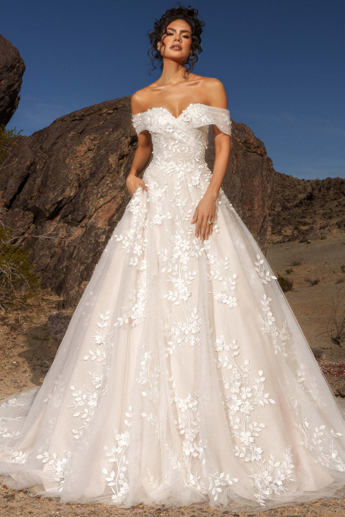 Front view of Kitty Chen Kyla ballgown with sweetheart off-shoulder neckline and lace appliques Front view of Kitty Chen Kyla ballgown with sweetheart off-shoulder neckline and lace appliques